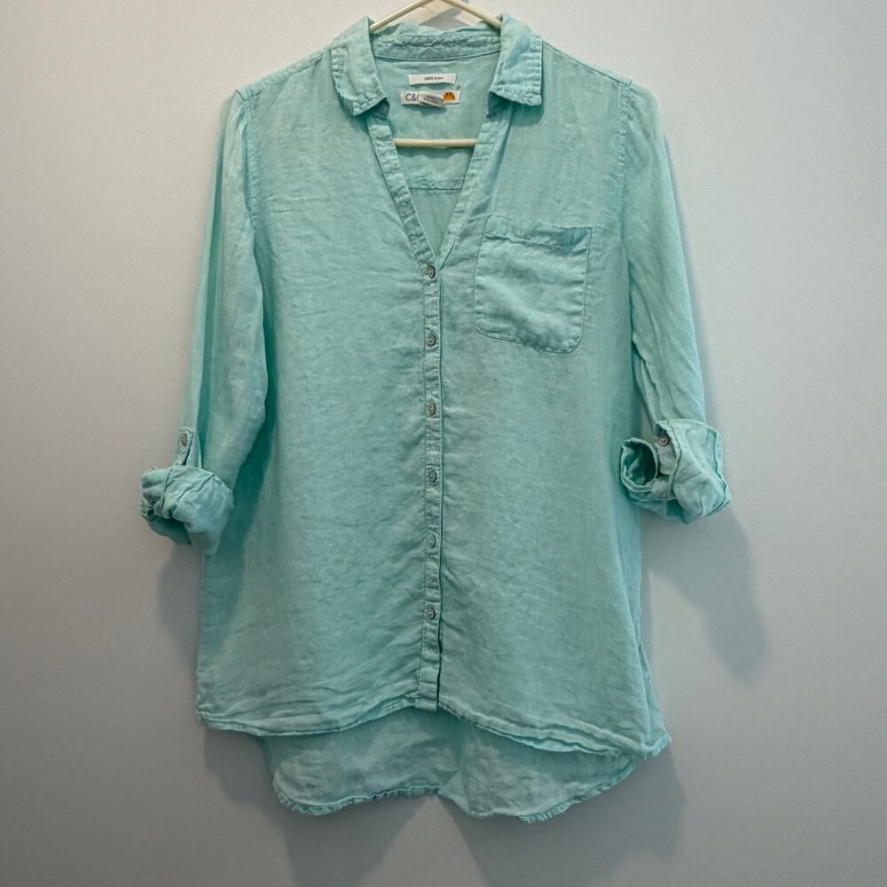 C&C California Women's Small 100% Linen Button Up Shirt Aqua Roll Tab Sleeve
